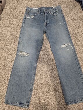 Zara Men's Light Blue Straight Jeans with Distressed Knees